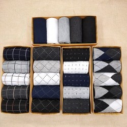 5 Pairs Plain Argyle Office Socks Gift Set Formal Business Men's Dress Crew Socks With Box